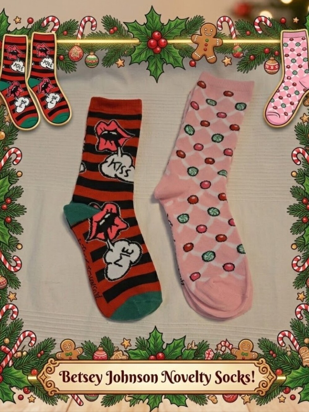 Betsey Johnson Novelty Crew Socks Lot of 2 Pairs 💋🍬 Pink & Striped NWOT